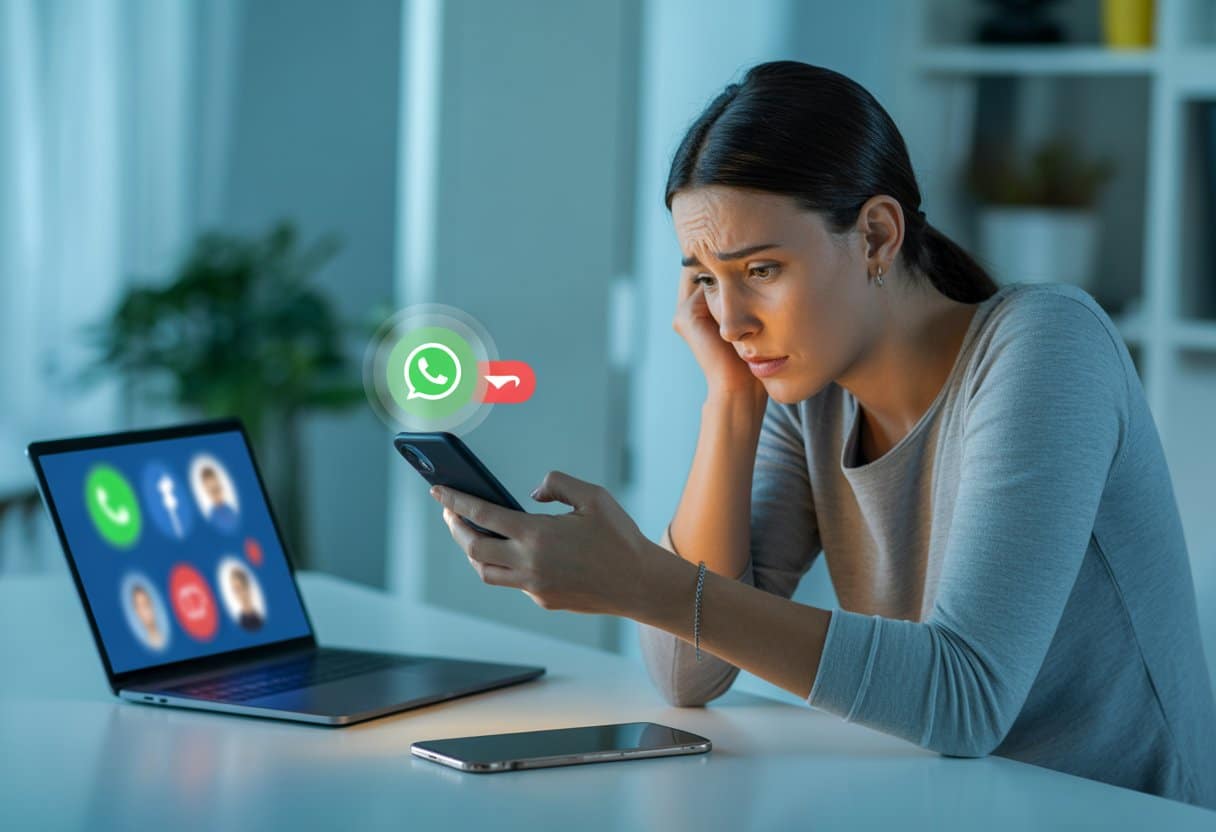 Bedreiging via WhatsApp of social media: is dat strafbaar? Uitleg en stappen 1 Een bezorgde jongvolwassene kijkt naar een smartphone terwijl op de achtergrond een laptop met sociale media-iconen zichtbaar is.