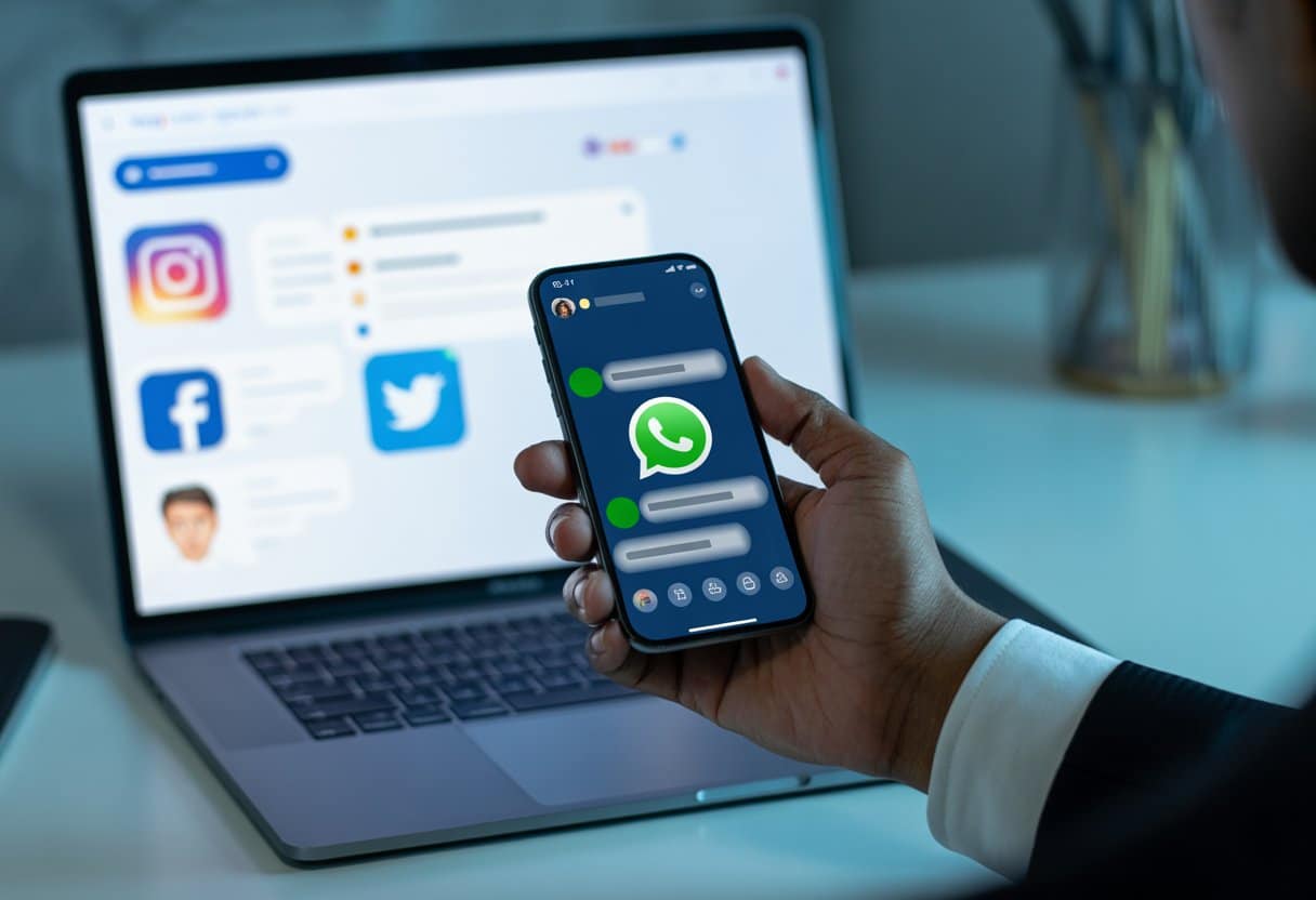 Bedreiging via WhatsApp of social media: is dat strafbaar? Uitleg en stappen 2 Een close-up van een smartphone met een WhatsApp-chat en een laptop met sociale media-iconen op een bureau.