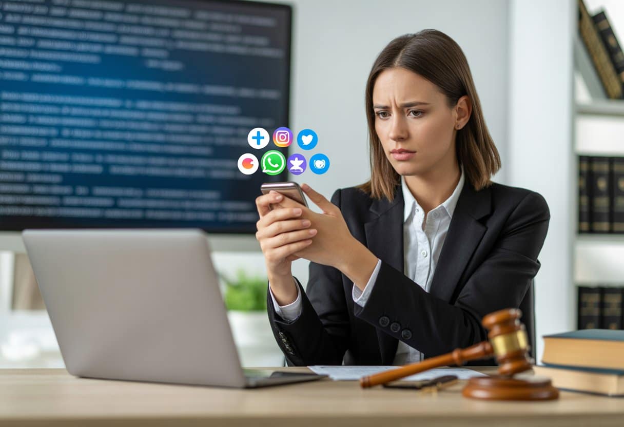 Bedreiging via WhatsApp of social media: is dat strafbaar? Uitleg en stappen 3 Een jonge vrouw zit aan een bureau met een smartphone in haar hand en kijkt bezorgd, op de achtergrond een laptop en boeken over recht.