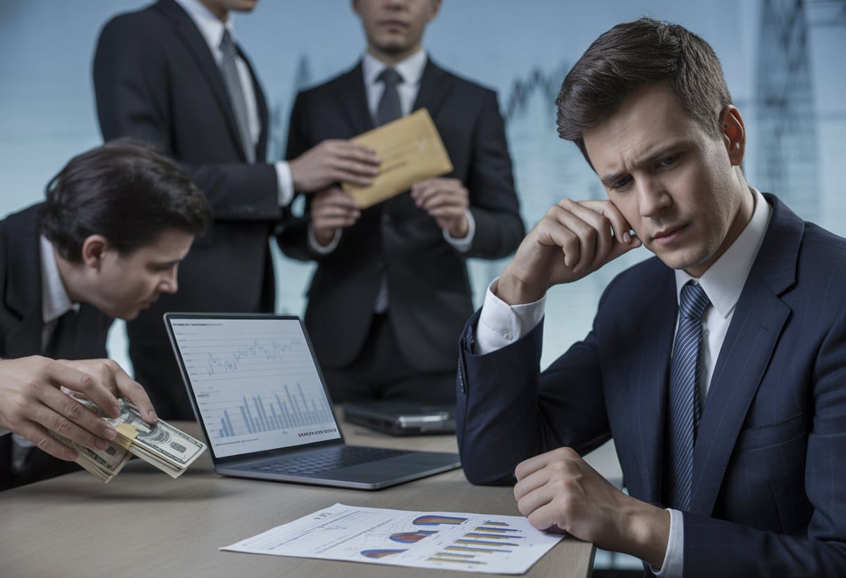 Een zakelijke omgeving met professionals die financiële documenten bekijken en discreet geld uitwisselen, wat economische criminaliteit symboliseert.
