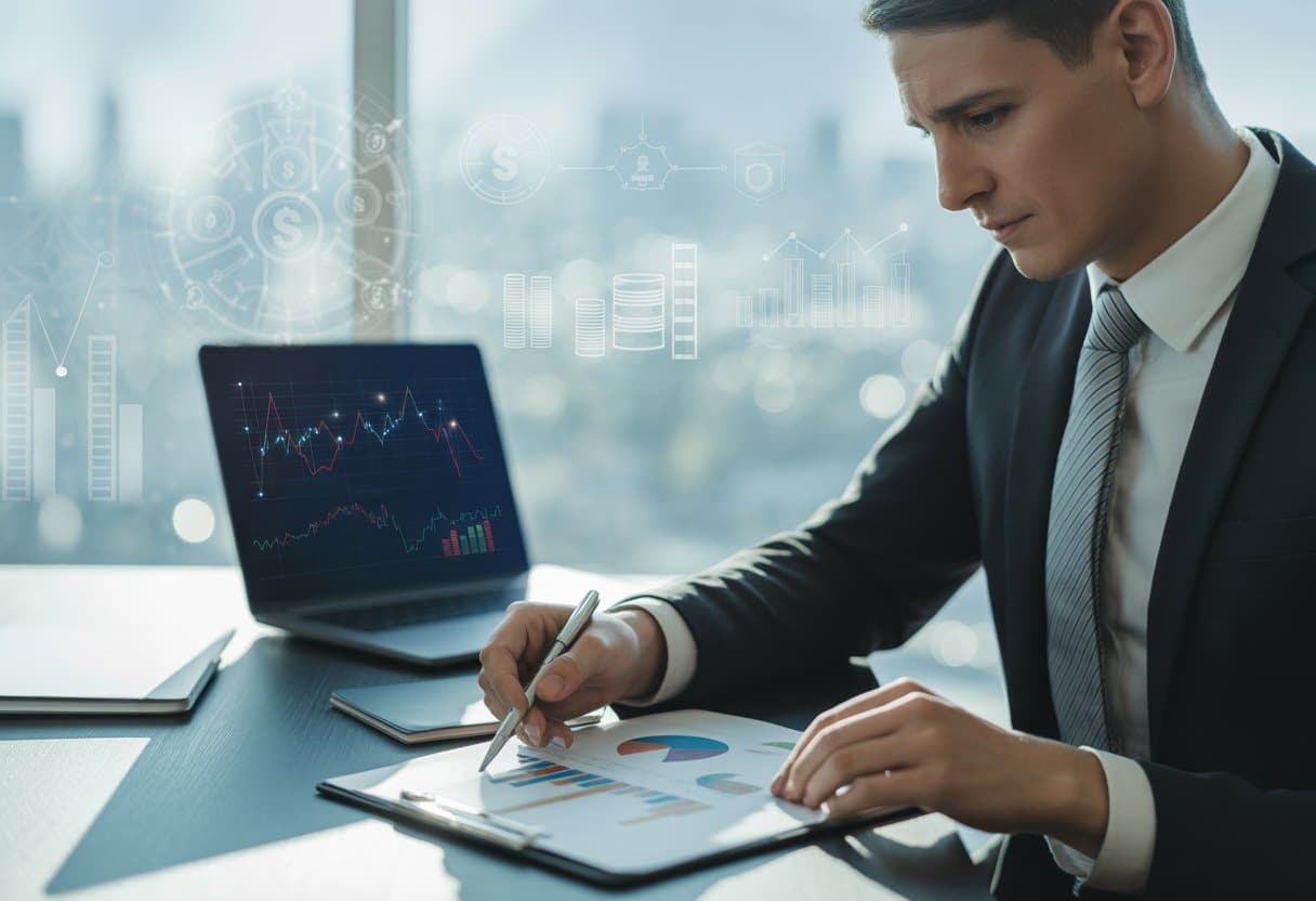 Een zakelijke persoon die financiële documenten en grafieken bekijkt in een modern kantoor.