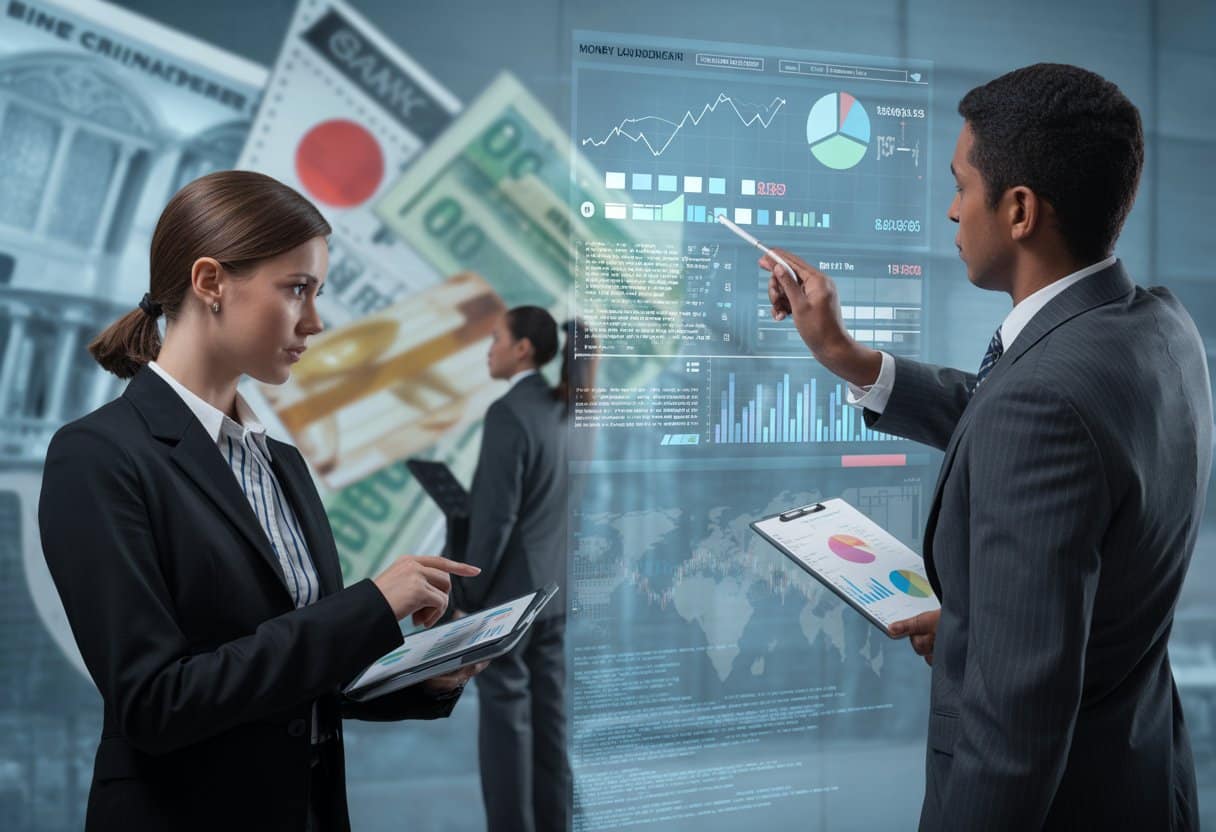 Een groep zakelijke professionals die financiële documenten en grafieken bestuderen in een kantooromgeving.