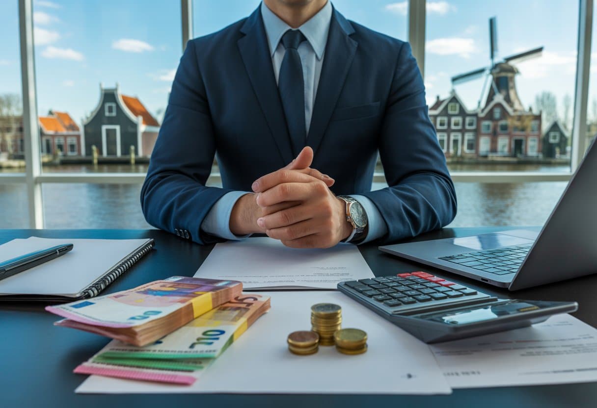 Een zakelijke persoon zit aan een bureau met financiële documenten en eurobankbiljetten, met op de achtergrond een Nederlands stadsgezicht.
