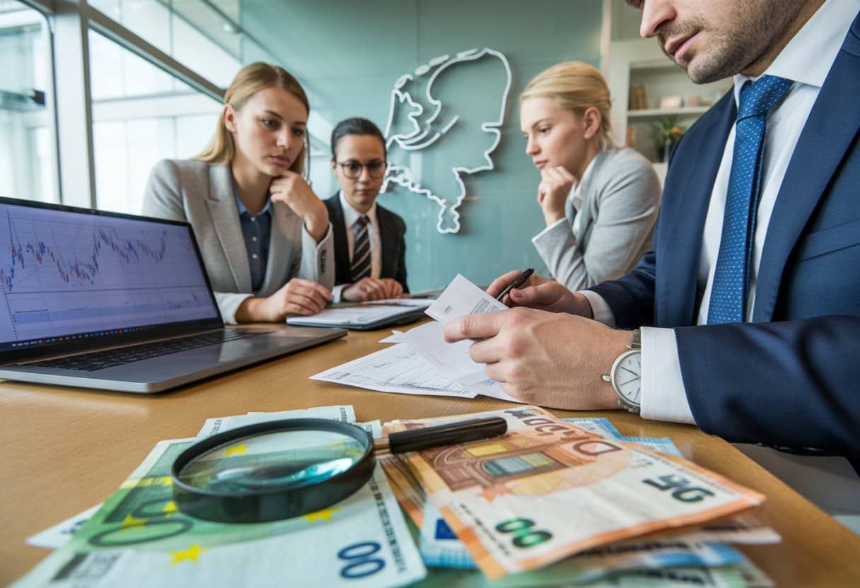 Een groep professionals bespreekt financiële documenten in een kantoor met een kaart van Nederland op de achtergrond.