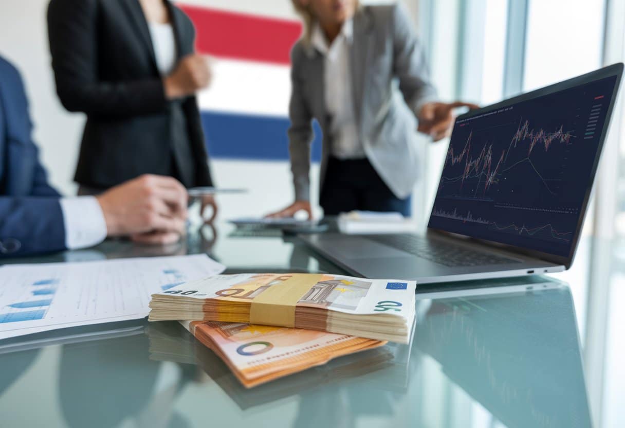 Een kantoor met mensen die financiële documenten en een laptop bekijken, met een Nederlandse vlag op de achtergrond.