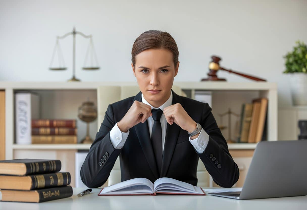 Een zakelijke advocaat zit aan een bureau met juridische documenten en symbolen van rechtspraak in een moderne kantooromgeving.
