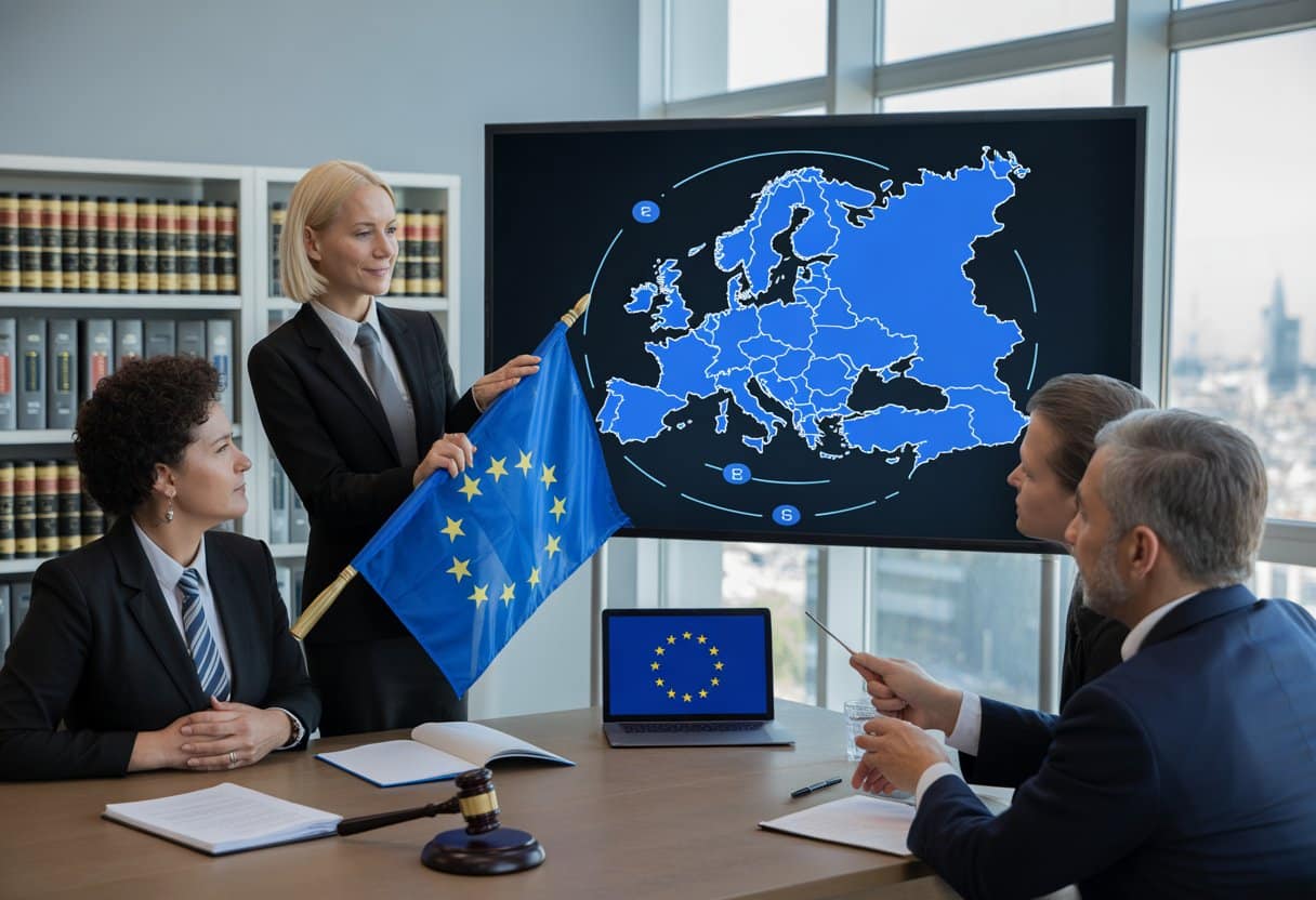 Een groep professionals in een kantoor bespreekt het Europese arrestatiebevel met een kaart van Europa en een EU-vlag op de voorgrond.
