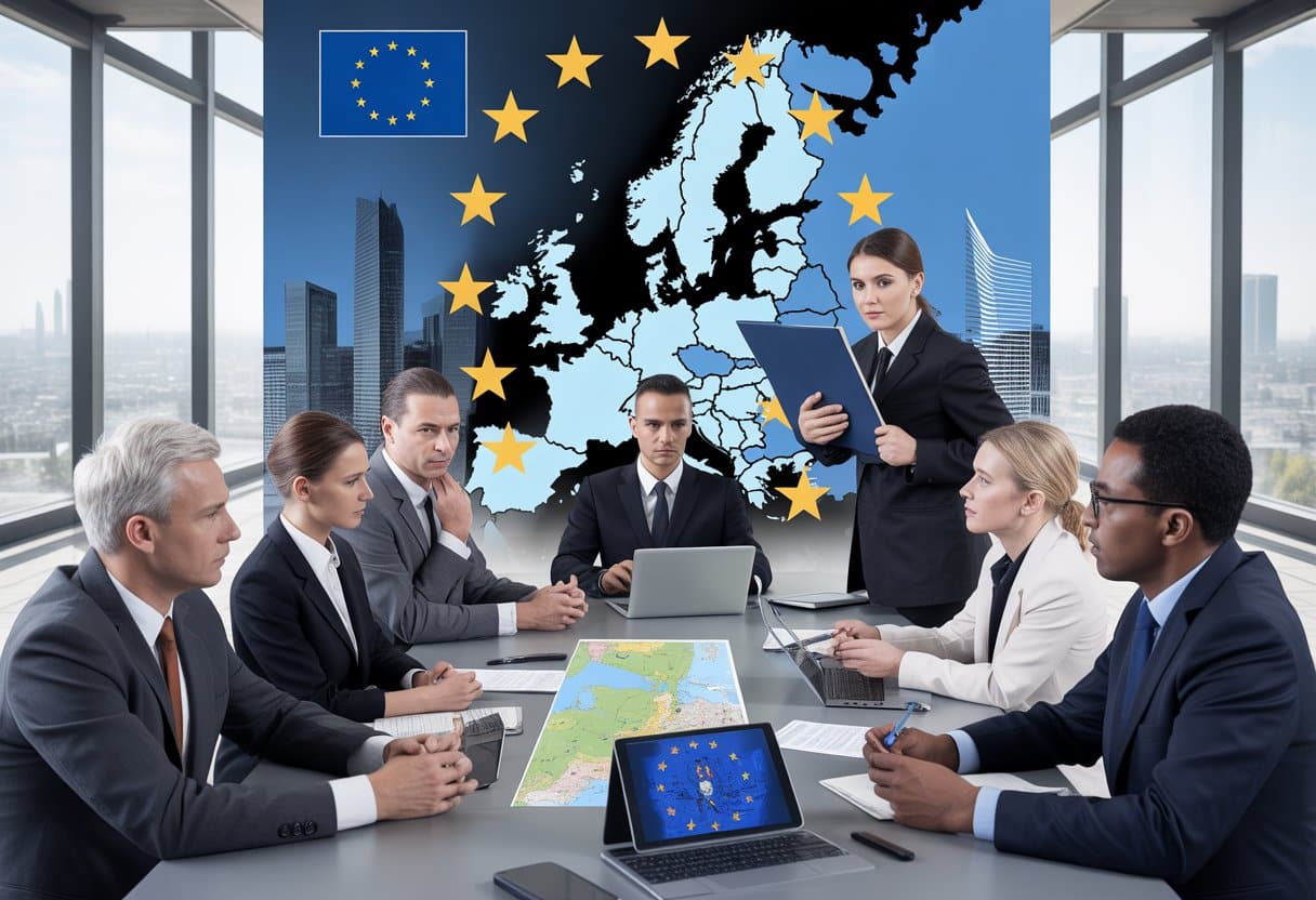 Een groep professionals bespreekt uitlevering binnen de Europese Unie in een moderne vergaderruimte met een kaart van Europa op de achtergrond.