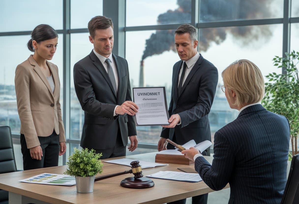 Boete of straf bij overtreding van milieuwetgeving: Alles wat u moet weten 1 Een formele situatie waarin een ambtenaar een juridische brief overhandigt aan een zakenpersoon, met op de achtergrond een fabriek die rook uitstoot.