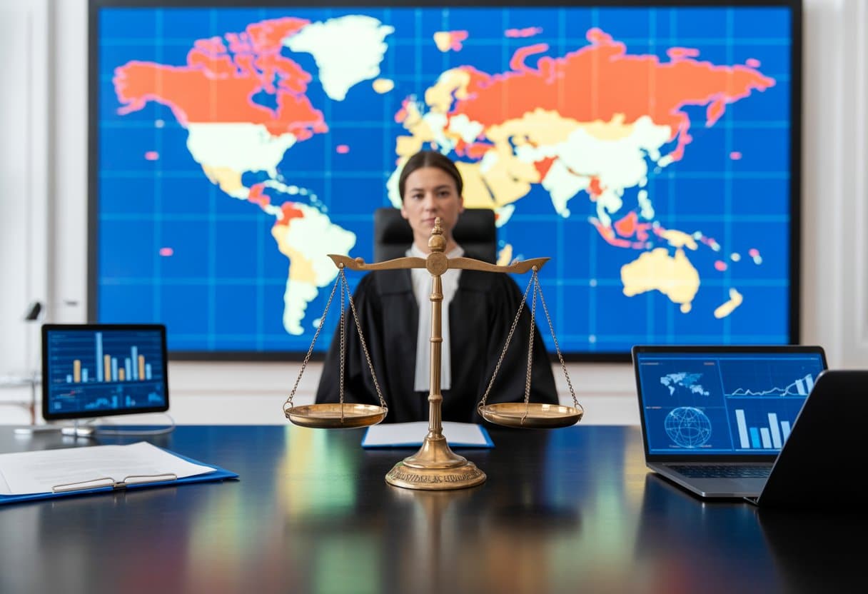 Een moderne rechtszaal met een rechter, een weegschaal van gerechtigheid en een wereldkaart waarop Nederland is gemarkeerd.