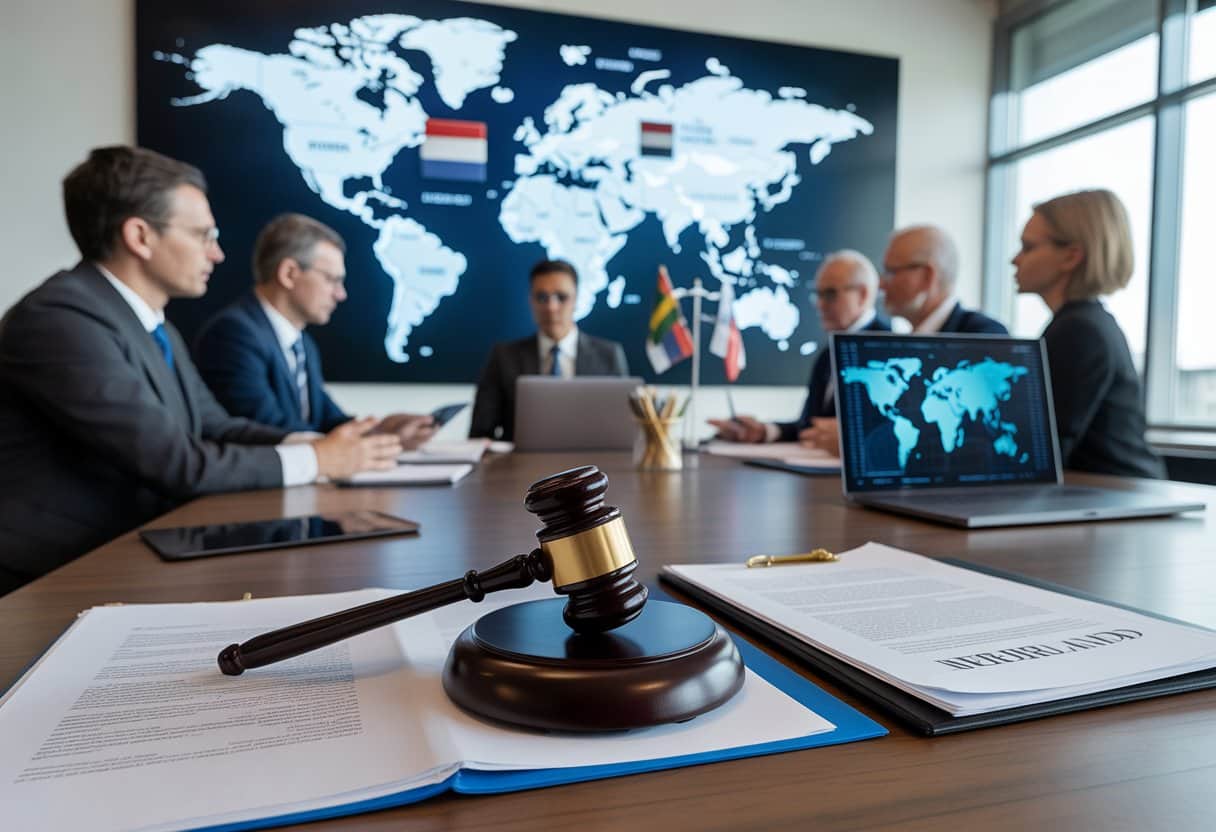 Een moderne rechtszaal met een wereldkaart waarop Nederland is gemarkeerd, waar advocaten en ambtenaren in gesprek zijn over internationale drugszaken.