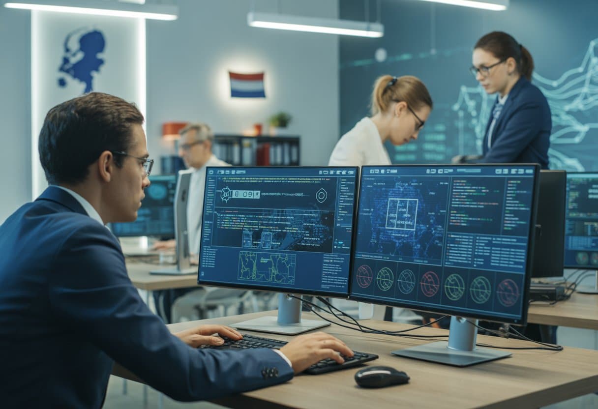 Een kantoor met een cybersecurity expert die meerdere computerschermen met digitale data en waarschuwingen bekijkt, met op de achtergrond een kaart van Nederland.