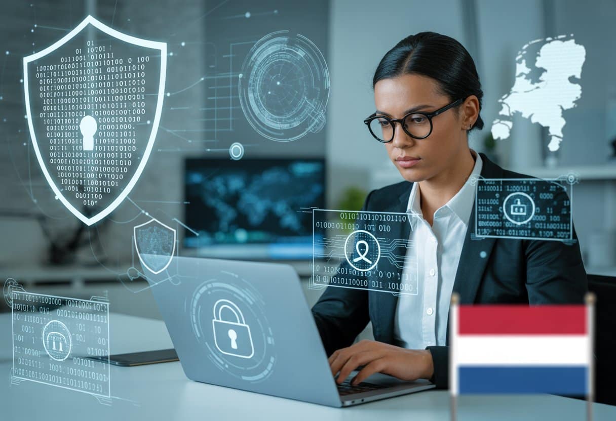 Een persoon werkt geconcentreerd op een laptop met digitale beveiligingssymbolen eromheen, in een kantoor met een kaart van Nederland op de achtergrond.