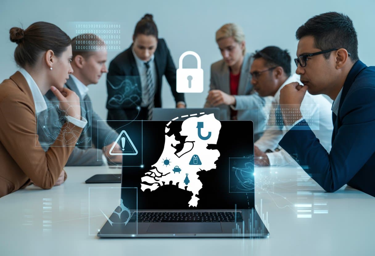 Een moderne werkplek met een laptop waarop een digitale kaart van Nederland en cyberdreigingssymbolen te zien zijn, terwijl mensen samen overleggen.