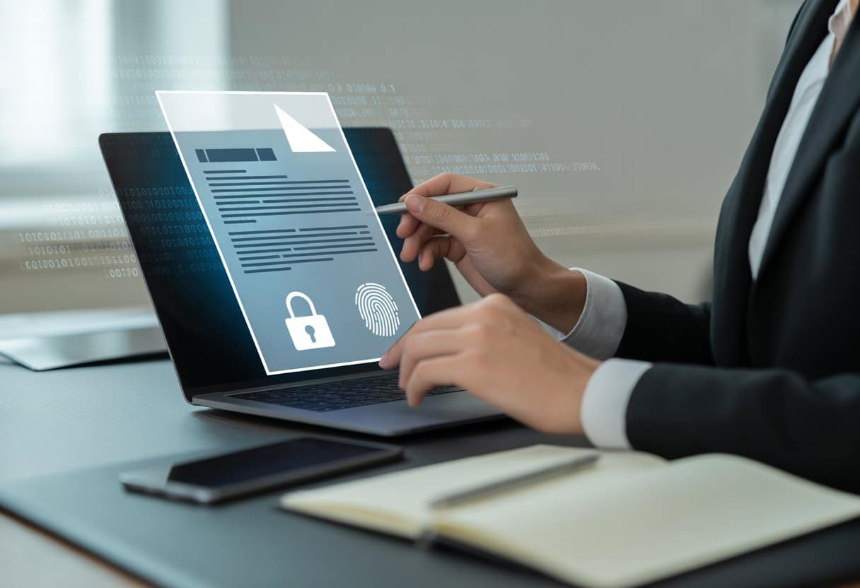 Vervalsing van digitale documenten: een nieuw strafbaar feit? 1 Handen die op een laptop werken met een digitaal document op het scherm in een moderne kantooromgeving.