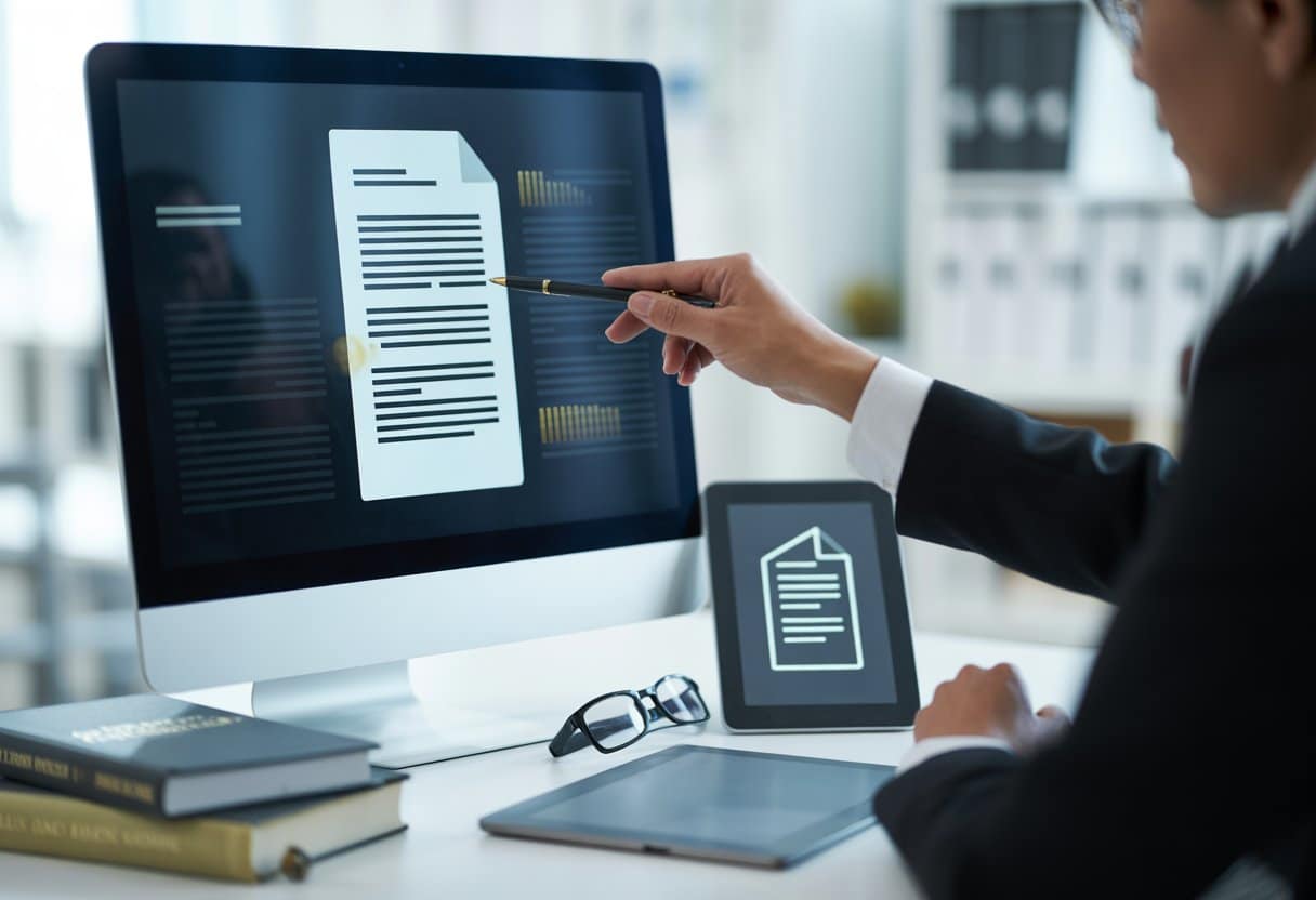 Vervalsing van digitale documenten: een nieuw strafbaar feit? 2 Een persoon wijst met een pen naar een computerscherm met een digitaal document, omgeven door juridische boeken en een tablet op een bureau.