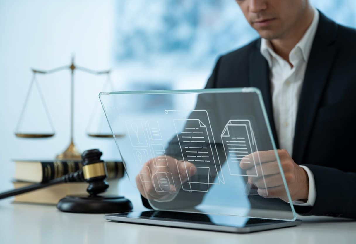 Vervalsing van digitale documenten: een nieuw strafbaar feit? 3 Een jurist bekijkt digitale documenten op een touchscreen in een kantoor met juridische symbolen op de achtergrond.