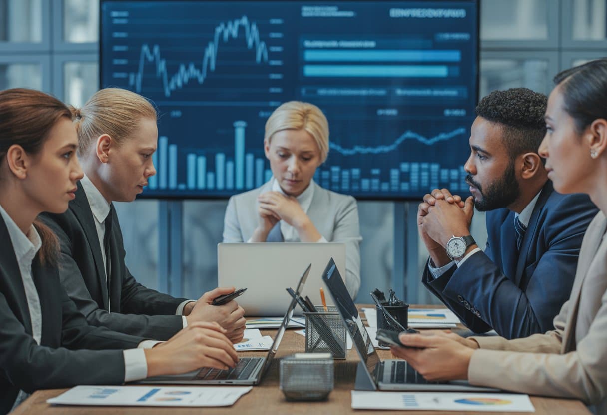 Strenger toezicht op zzp-constructies: Het nieuwe handhavingskader uitgelegd 1 Een groep professionals bespreekt financiƫle documenten en grafieken in een kantooromgeving.