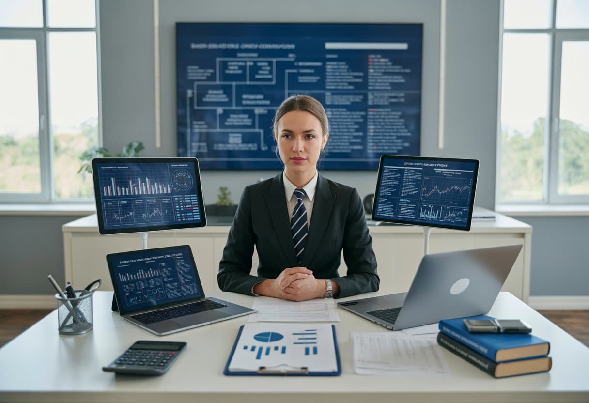Strenger toezicht op zzp-constructies: Het nieuwe handhavingskader uitgelegd 2 Een zakelijke professional werkt aan een bureau met digitale apparaten en documenten over belastingcontrole in een modern kantoor.
