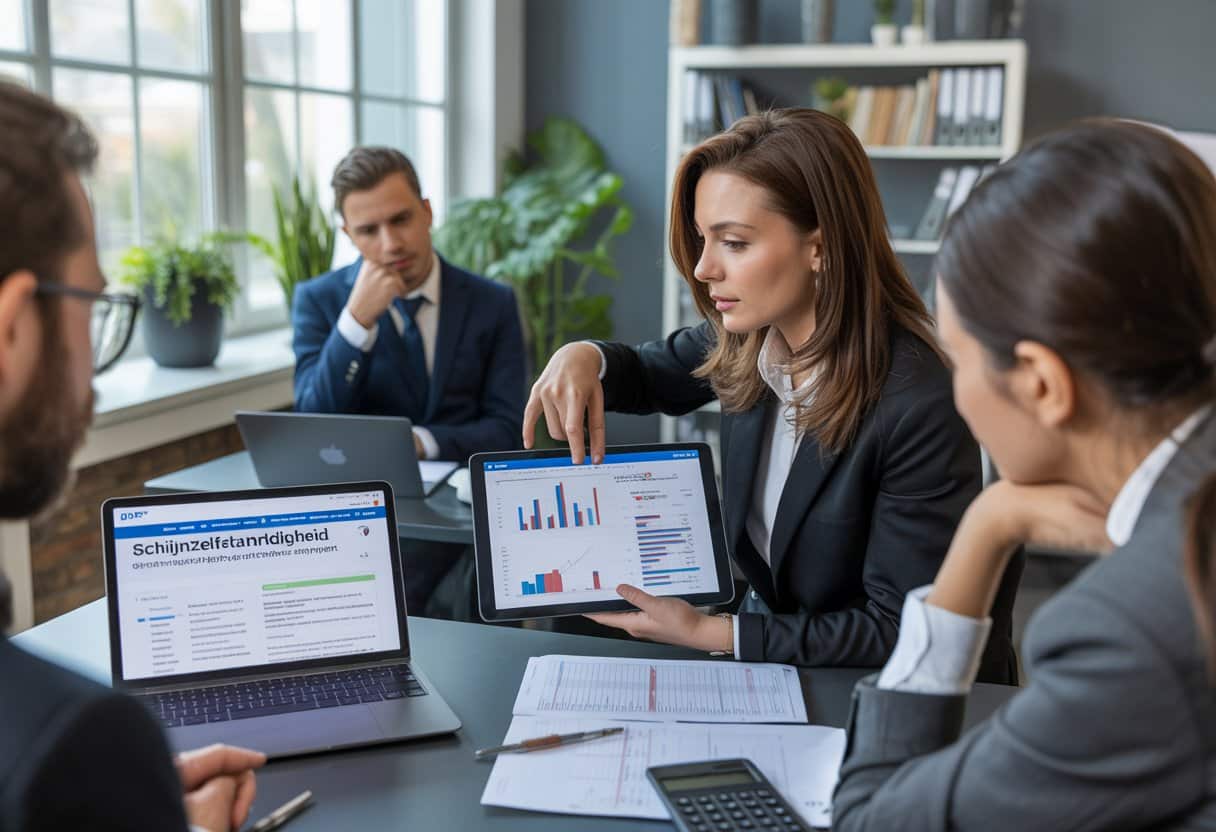 Strenger toezicht op zzp-constructies: Het nieuwe handhavingskader uitgelegd 3 Een groep professionals in een kantoor bespreekt belastingregels en documenten over zzp-constructies.