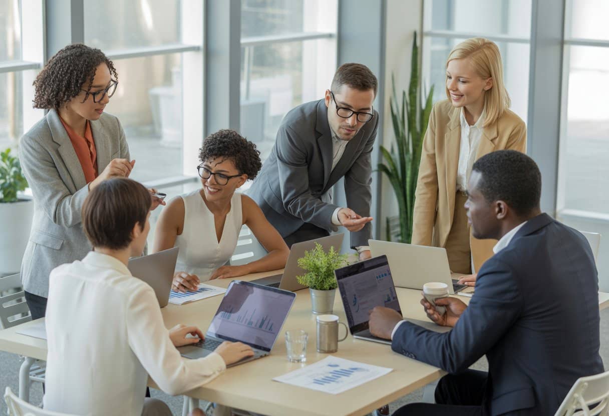 Een diverse groep flexwerkers en uitzendkrachten die samenwerken aan een vergadertafel in een moderne kantooromgeving.