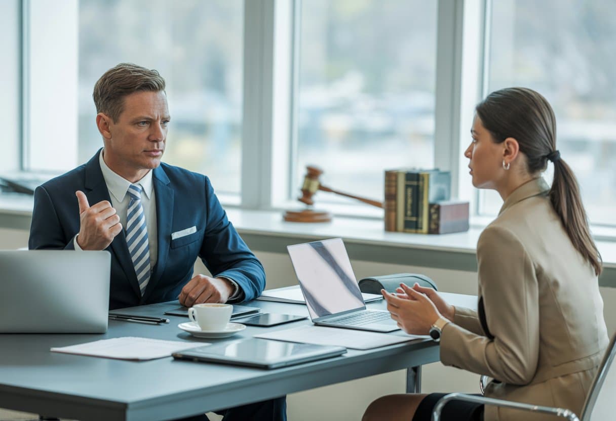 Een werkgever en werknemer zitten tegenover elkaar aan een vergadertafel in een kantoor en voeren een serieus gesprek.