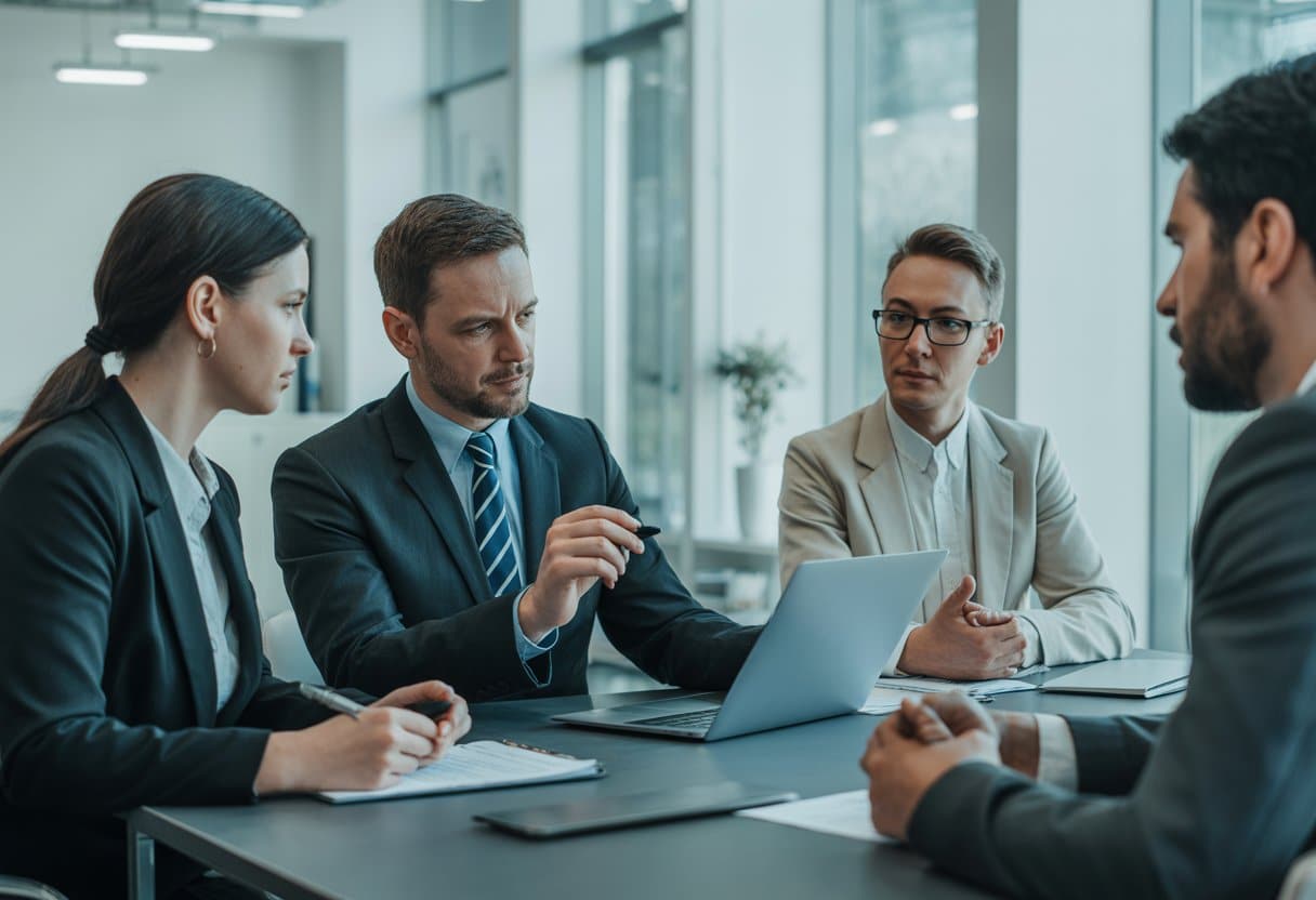 Een zakelijke bijeenkomst in een modern kantoor waar een manager en werknemer een serieus gesprek voeren.