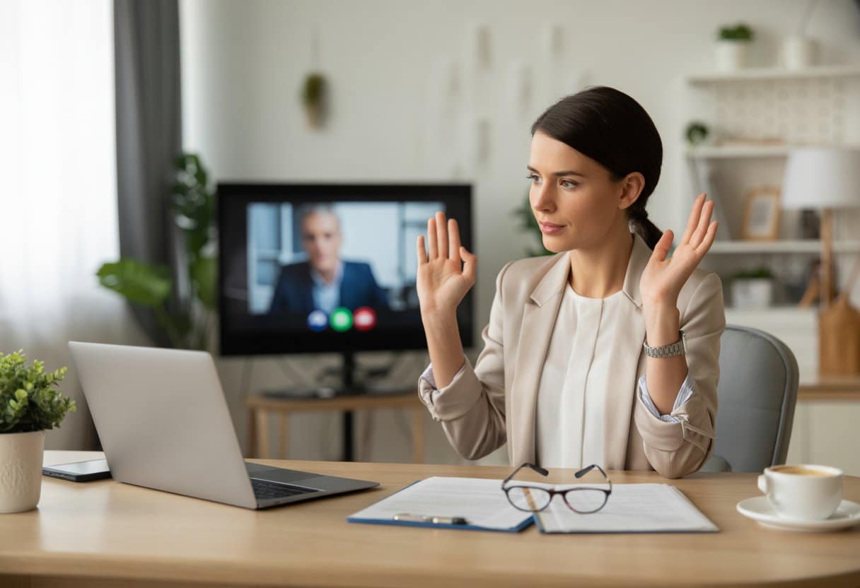 Een persoon in een thuiskantoor met een laptop en documenten, bezig met een videogesprek, omringd door een nette en lichte werkplek.