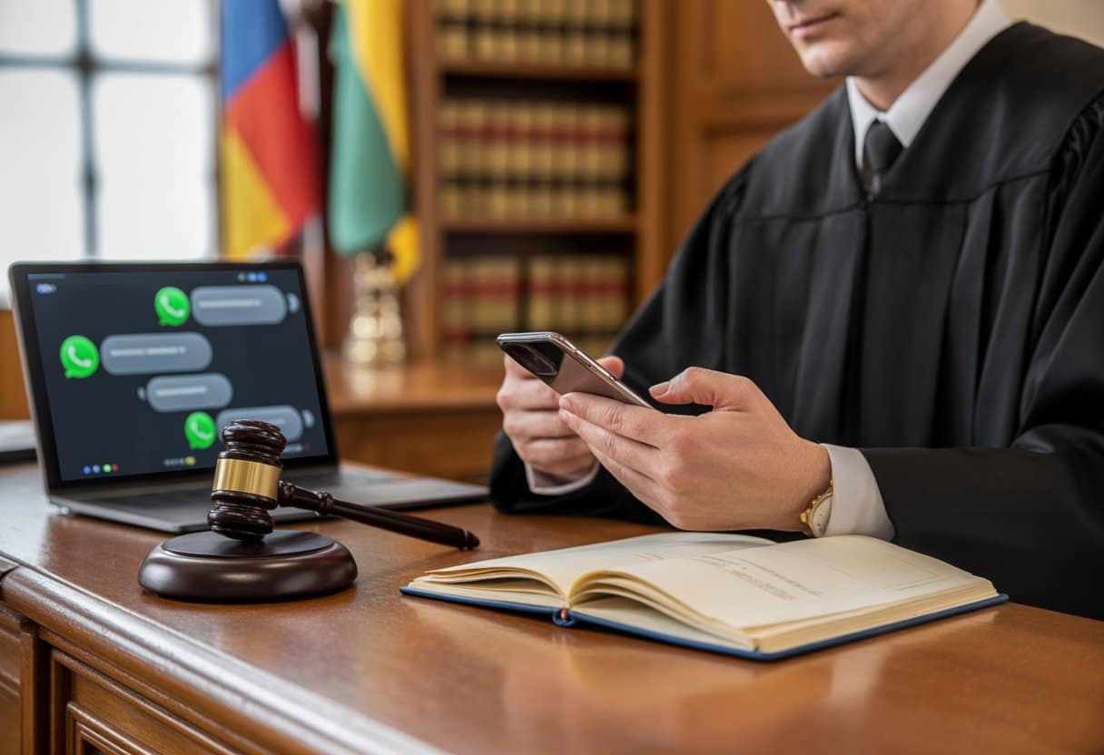 Een rechter in een rechtszaal bekijkt een smartphone terwijl een advocaat erbij staat, met juridische documenten en een laptop op de tafel.