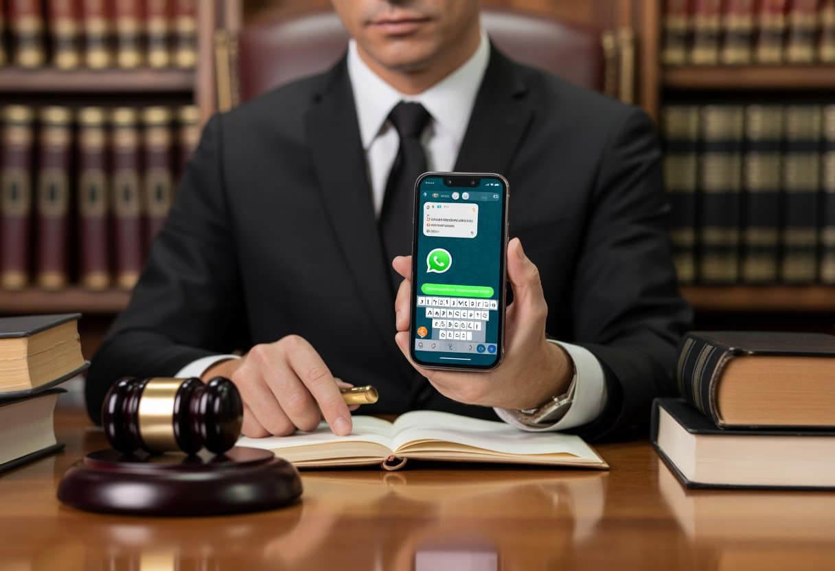 Een jurist bekijkt een smartphone in een kantoor met juridische boeken en een hamer op een bureau.