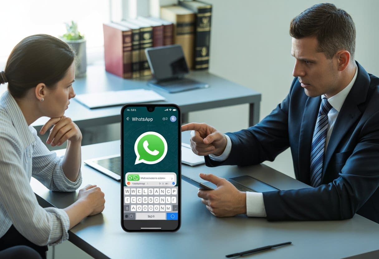 Een advocaat en cliënt in een kantoor bespreken WhatsApp-berichten als bewijs op een smartphone tijdens een juridisch gesprek.