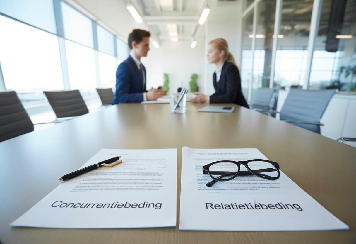 Twee zakenmensen bespreken contracten aan een vergadertafel in een modern kantoor.