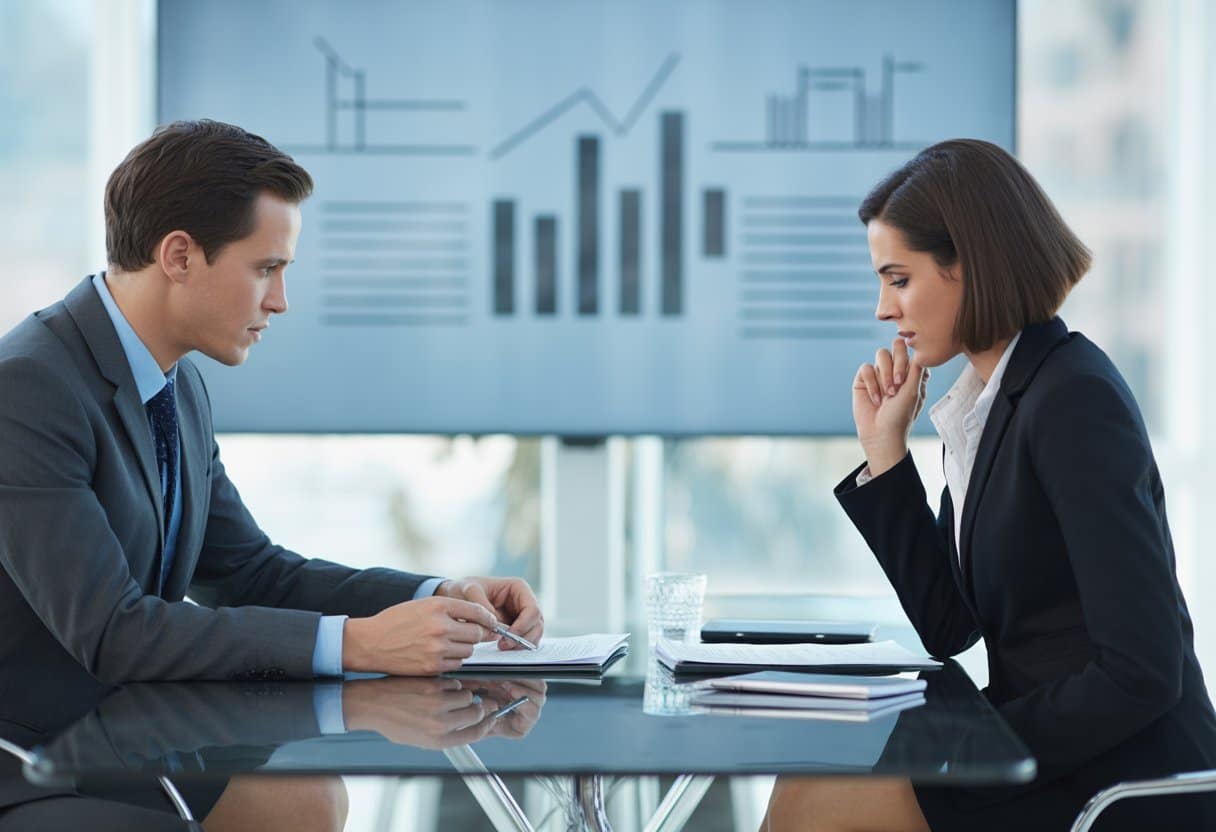 Twee zakelijke professionals bespreken documenten in een modern kantoor tijdens een herstructurering.