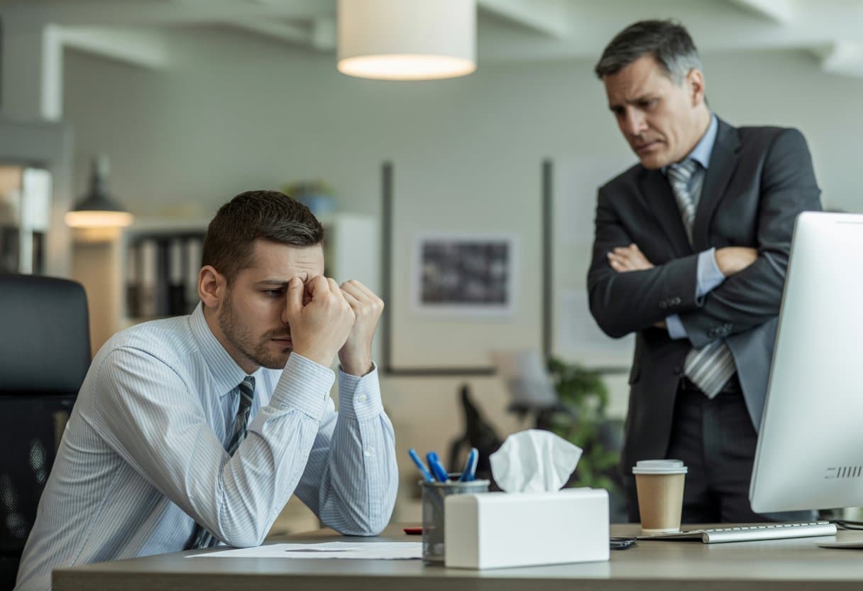 Een zieke werknemer zit aan een bureau terwijl een werkgever met gekruiste armen tegenover hem staat in een kantooromgeving.