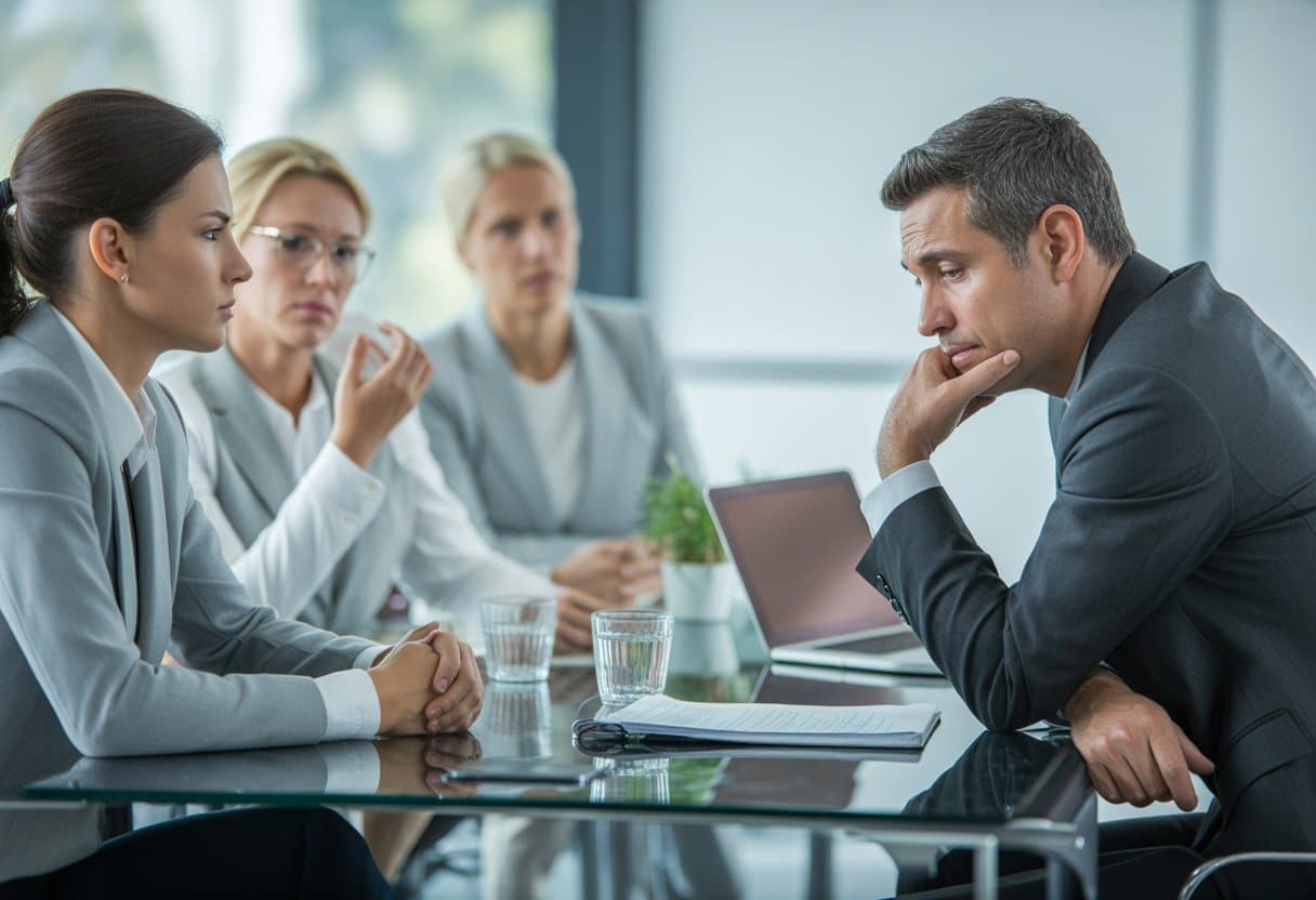 Een werkgever en een zieke werknemer zitten tegenover elkaar aan een vergadertafel in een kantoor, in een serieuze en zorgzame bespreking.