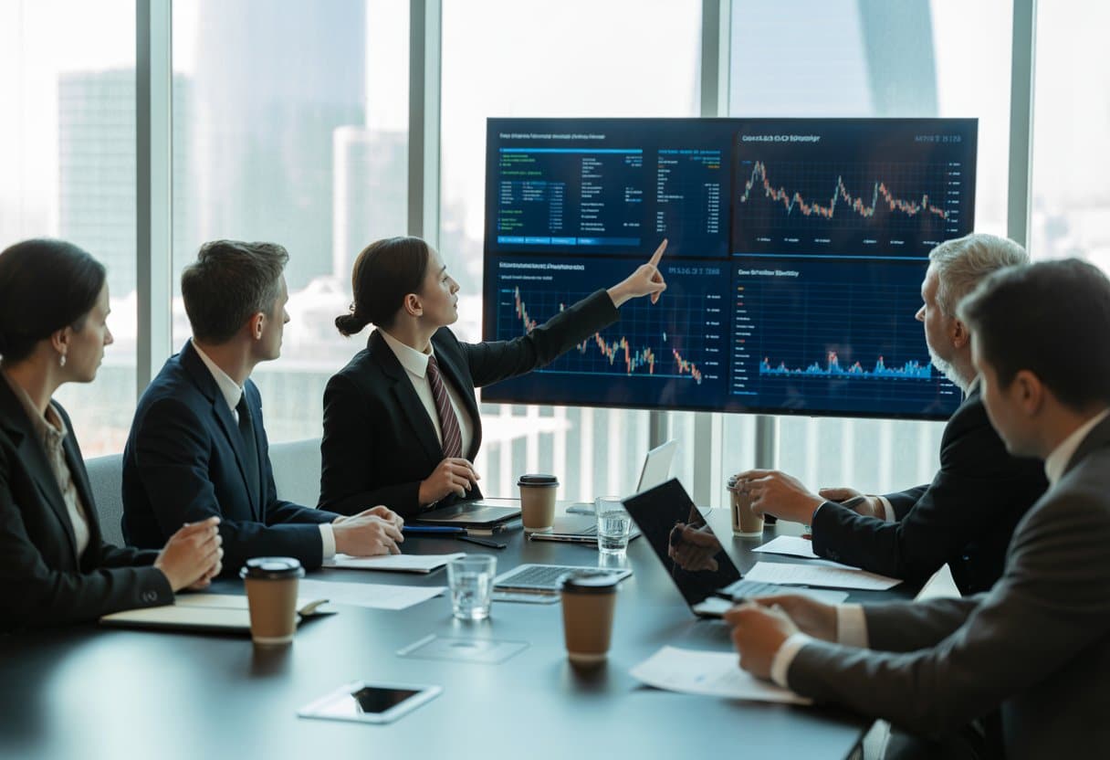 Een zakelijke vergadering met professionals rond een tafel die financiële gegevens bespreken in een modern kantoor.
