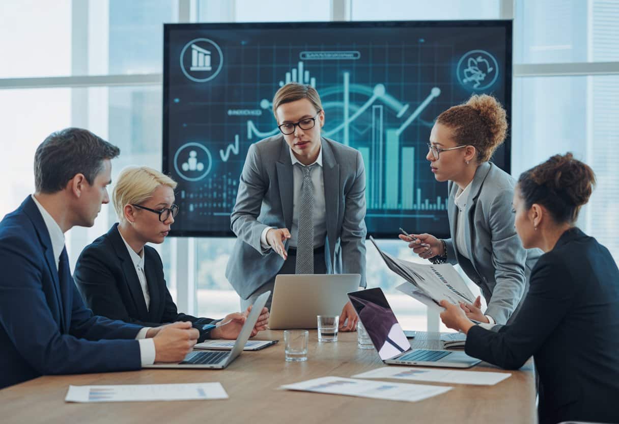 Een groep zakelijke professionals bespreekt documenten en financiële grafieken in een kantooromgeving.