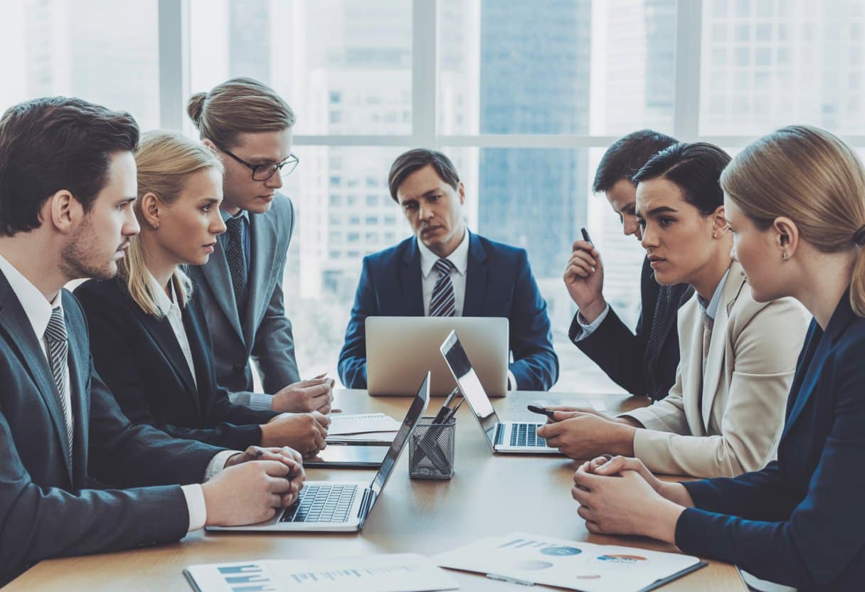 Een groep zakelijke professionals bespreekt documenten rond een vergadertafel in een modern kantoor.