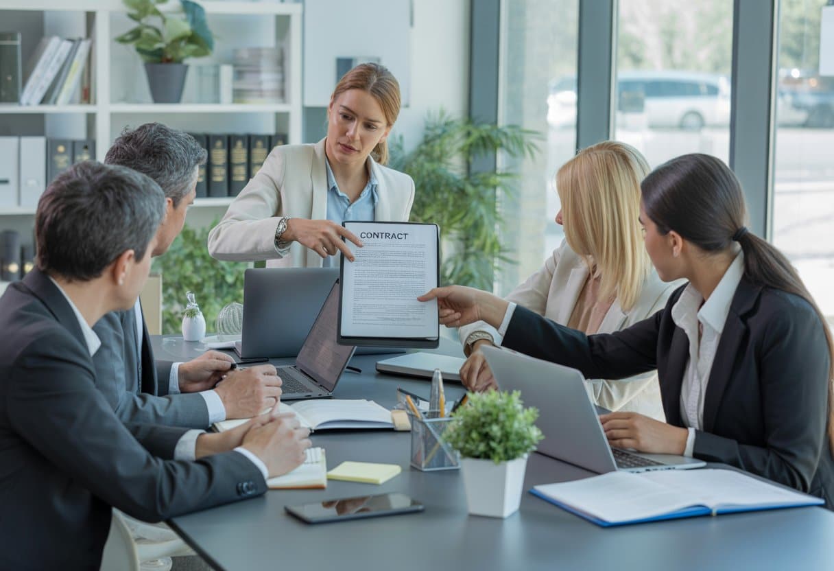 Een groep professionals bespreekt contracten in een moderne kantoorruimte met laptops en documenten op tafel.