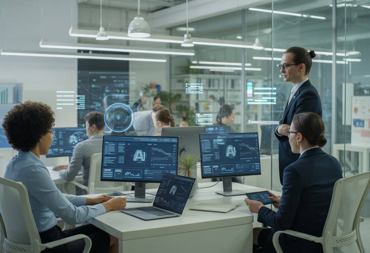 Een moderne kantoorruimte waar een werkgever werknemers observeert die aan hun bureau werken met computers en digitale schermen.
