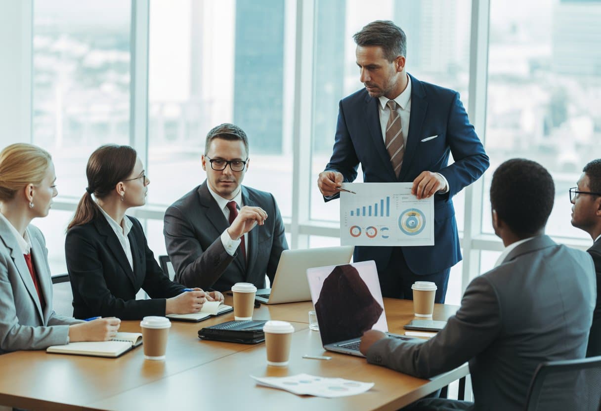 Een groep zakelijke professionals in een vergaderruimte, waarbij een werkgever financiële documenten bespreekt met werknemers.