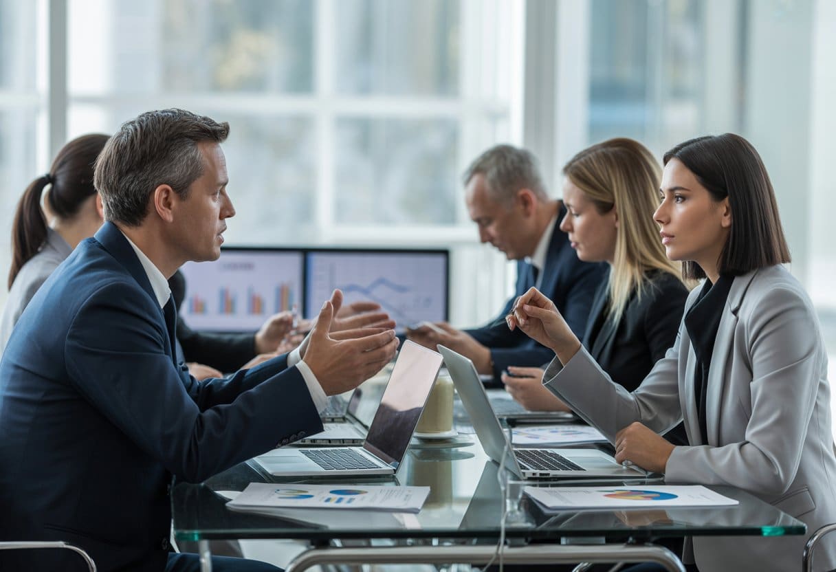 Twee zakelijke professionals bespreken financiële documenten tijdens een vergadering in een modern kantoor.