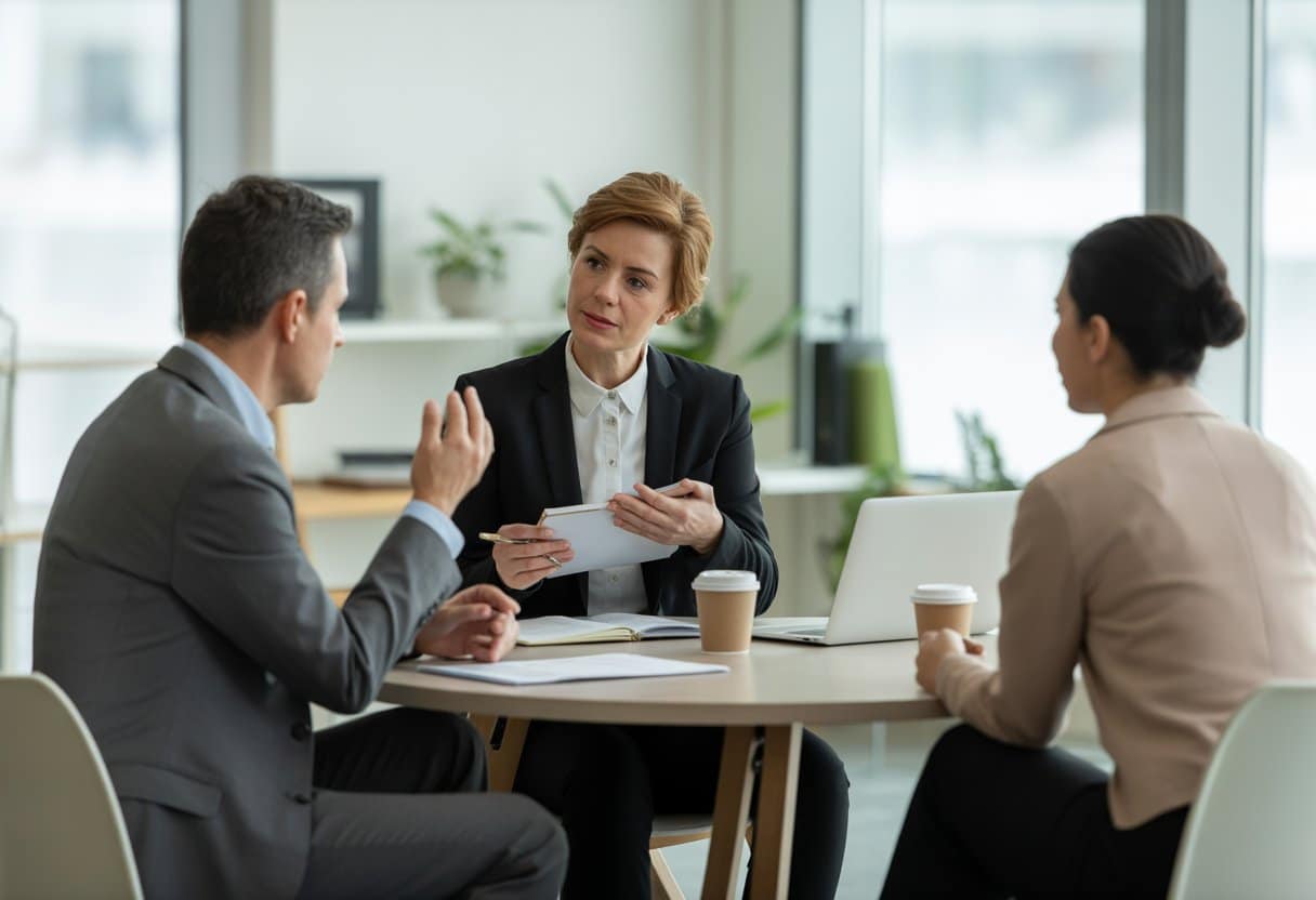 Drie professionals zitten rond een tafel in een kantoor en voeren een gesprek over arbeidsconflicten.