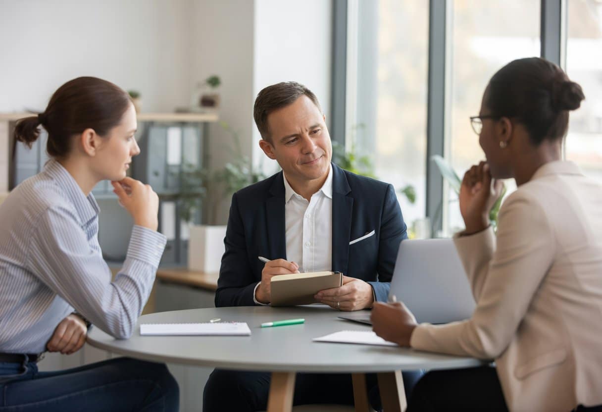 Drie mensen zitten rond een tafel in een kantoor en voeren een rustig gesprek over arbeidsconflicten.