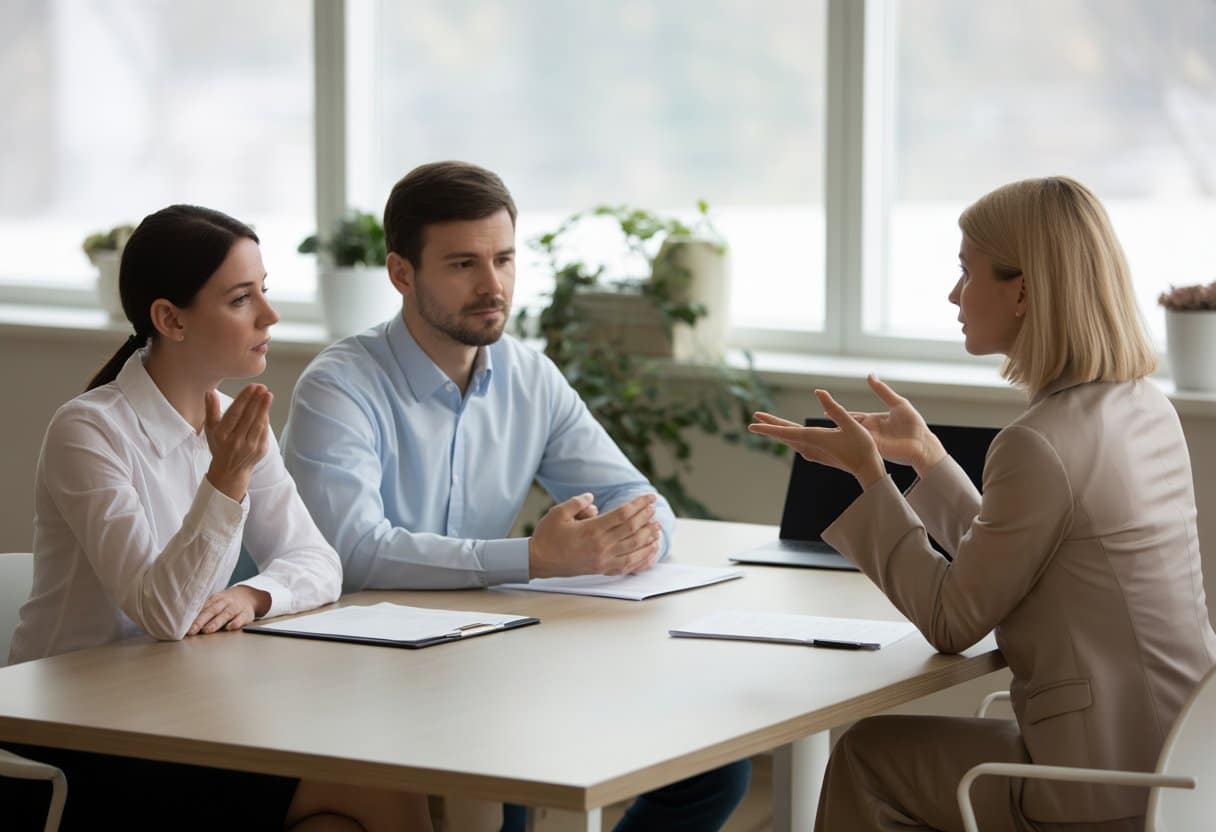 Drie mensen zitten aan een tafel in een kantoor, een mediator begeleidt een gesprek tussen twee werknemers.