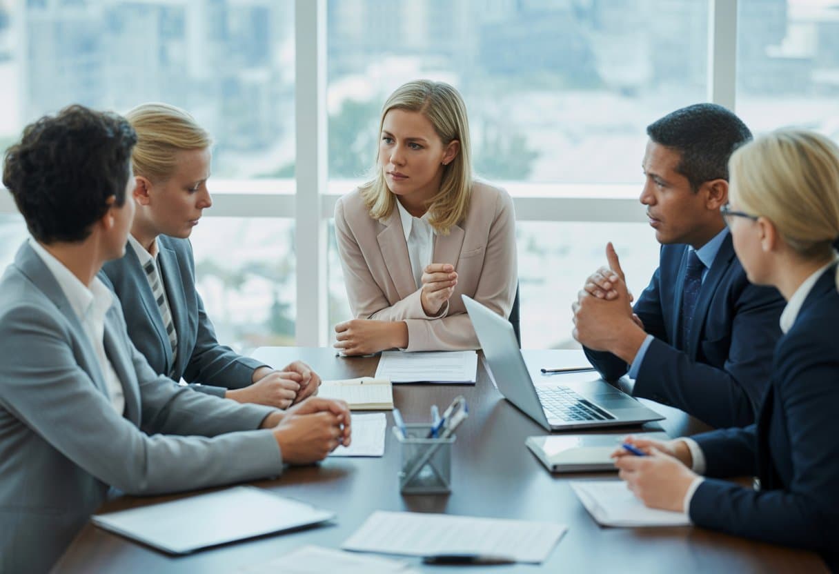 Een zakelijke vergadering in een moderne kantoorruimte met een werknemer en manager die serieus met elkaar praten aan een tafel.