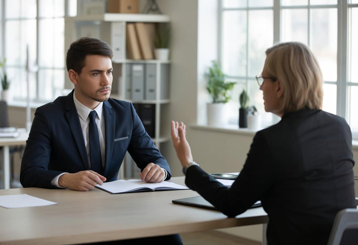 Een werknemer en een manager zitten tegenover elkaar aan een vergadertafel in een kantoor, in gesprek over arbeidsrechten.