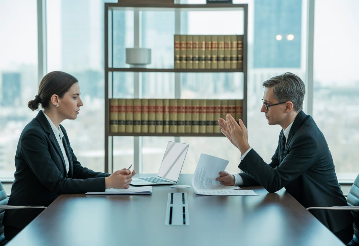 Twee zakelijke professionals in een kantoor zitten aan een tafel en bespreken documenten tijdens een formele vergadering.