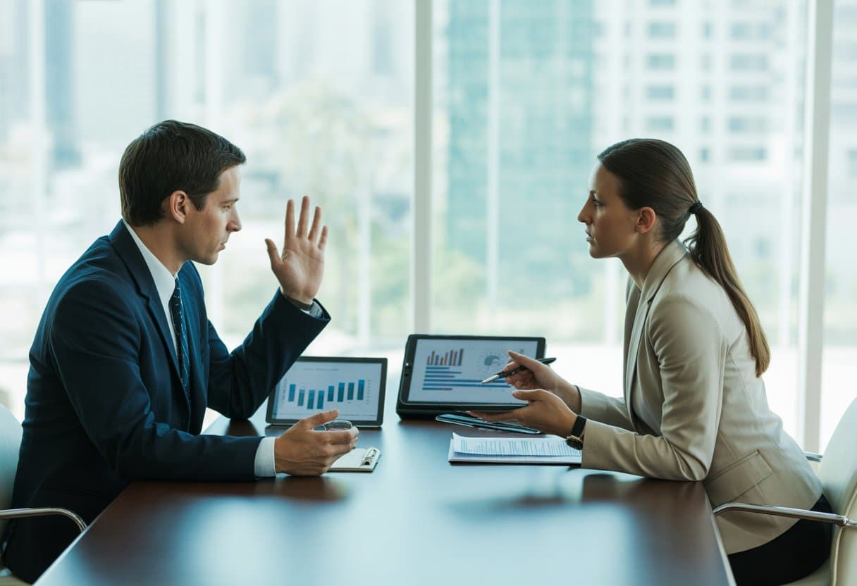 Twee zakelijke professionals voeren een serieus gesprek aan een vergadertafel in een kantoor.
