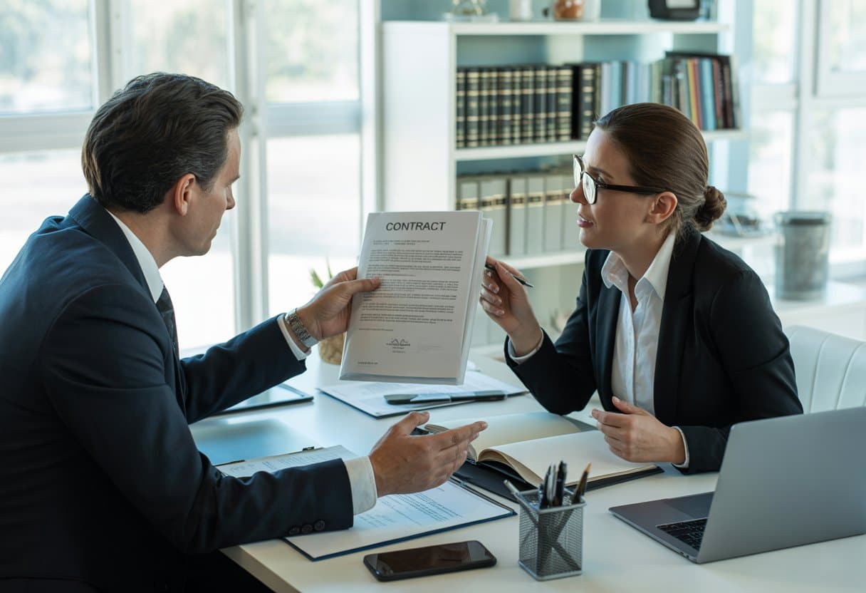 Twee zakelijke professionals bespreken contracten in een modern kantoor.
